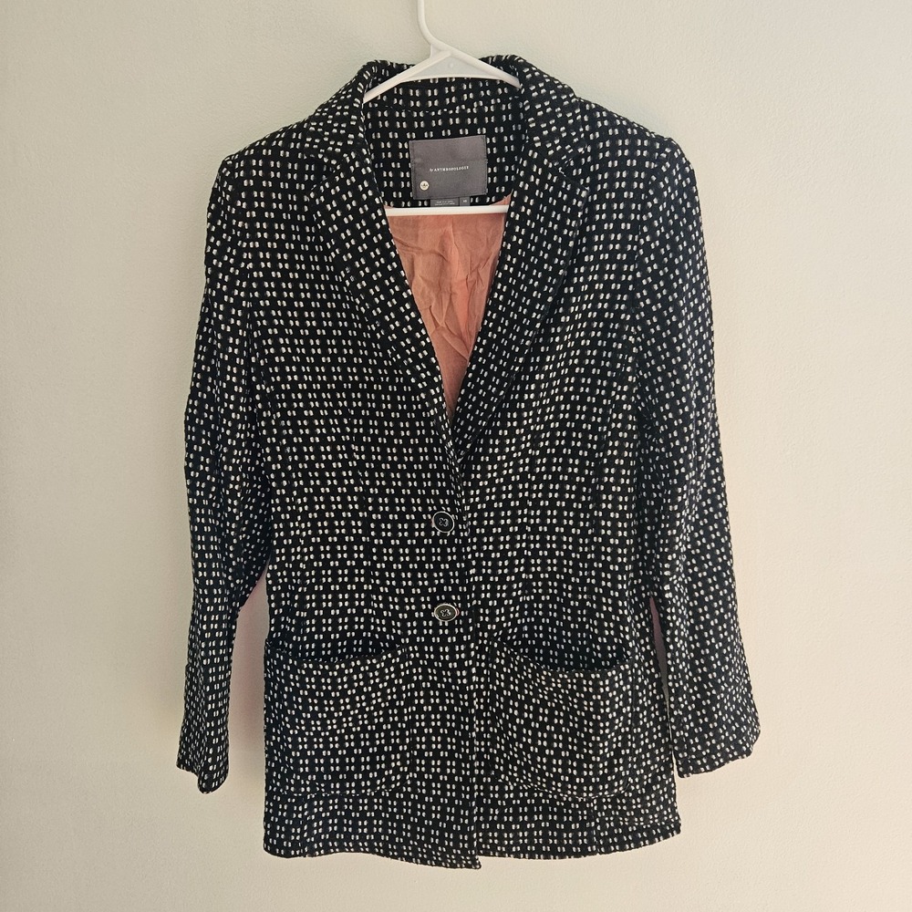 Anthropologie Women XS Blazer Coat Black White Speckled Button Up Peacoat